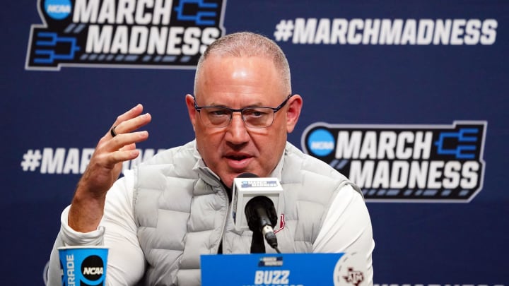 Mar 21, 2024; Memphis, TN, USA; Texas A&M Aggies head coach Buzz Williams speaks with the media during a press conference for the First and Second rounds of the 2024 NCAA Mens Basketball Championship at FedExForum. Mandatory Credit: John David Mercer-USA TODAY Sports