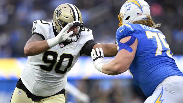 New Orleans Saints defensive tackle Bryan Bresee (90) rushes against the Los Angeles Chargers  