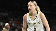 Jun 13, 2025; Las Vegas, Nevada, USA; Dallas Wings guard Paige Bueckers (5) defends against the Las Vegas Aces in the third quarter of their game at Michelob Ultra Arena. Mandatory Credit: Candice Ward-Imagn Images