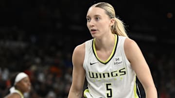 Jun 13, 2025; Las Vegas, Nevada, USA; Dallas Wings guard Paige Bueckers (5) defends against the Las Vegas Aces in the third quarter of their game at Michelob Ultra Arena. Mandatory Credit: Candice Ward-Imagn Images