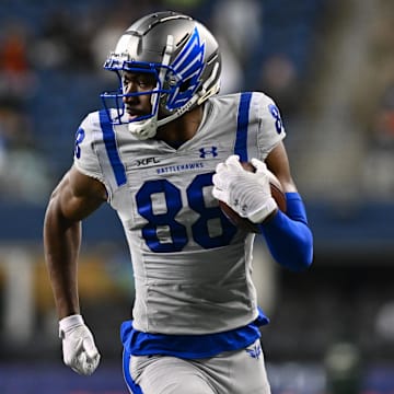 Feb 23, 2023; Seattle, WA, USA; St. Louis Battlehawks wide receiver Hakeem Butler (88) runs towards the endzone to score a touchdown against the Seattle Sea Dragons during the second half at Lumen Field. St. Louis defeated Seattle 20-18. Mandatory Credit: Steven Bisig-Imagn Images