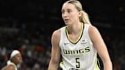 Dallas Wings guard Paige Bueckers (5) defends against the Las Vegas Aces in the third quarter of their game at Michelob Ultra Arena.