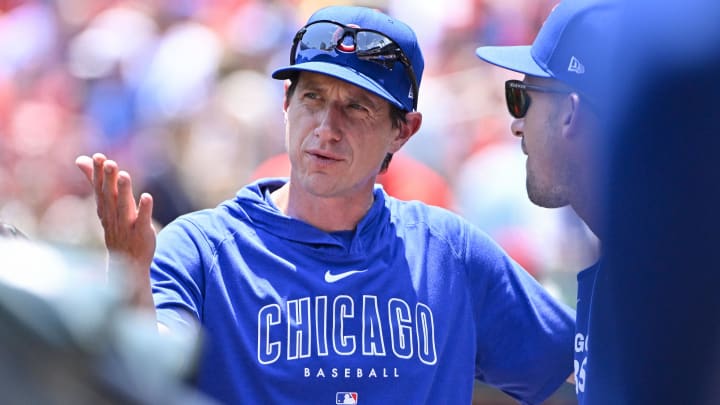 Jul 14, 2024; St. Louis, Missouri, USA;  Chicago Cubs manager Craig Counsell (30) looks on from the dugout before a game against the St. Louis Cardinals at Busch Stadium.