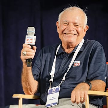 Jul 20, 2024; Cooperstown, New York, USA; Red Sox voice Joe Castiglione, the Ford C. Frick Award for excellence in broadcasting smiles during the press conference with Baseball Hall of Fame Director of Communications Craig Muder at the Clark Center in Cooperstown, NY.