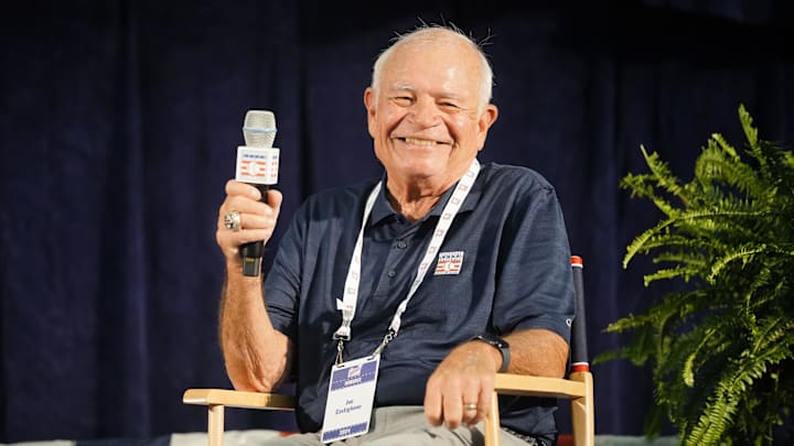 Jul 20, 2024; Cooperstown, New York, USA; Red Sox voice Joe Castiglione, the Ford C. Frick Award for excellence in broadcasting smiles during the press conference with Baseball Hall of Fame Director of Communications Craig Muder at the Clark Center in Cooperstown, NY.