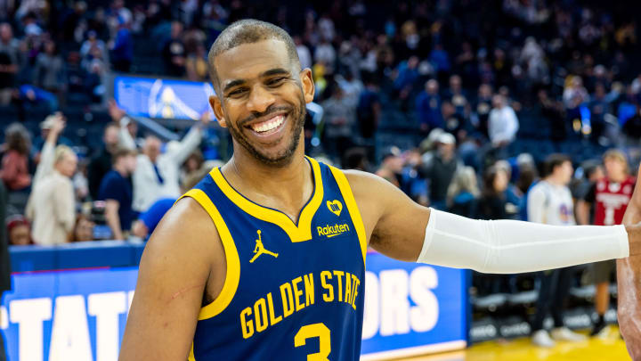 Apr 7, 2024; San Francisco, California, USA; Golden State Warriors guard Chris Paul (3) celebrates after beating the Utah Jazz at Chase Center. Mandatory Credit: Bob Kupbens-USA TODAY Sports