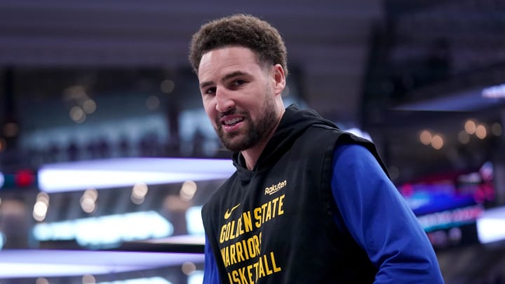 Apr 16, 2024; Sacramento, California, USA; Golden State Warriors guard Klay Thompson (11) warms up before an NBA play-in game against the Sacramento Kings at the Golden 1 Center.