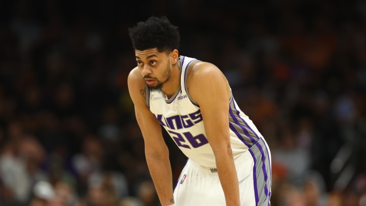 Apr 10, 2022; Phoenix, Arizona, USA; Sacramento Kings guard Jeremy Lamb (26) against the Phoenix Suns at Footprint Center. Mandatory Credit: Mark J. Rebilas-USA TODAY Sports