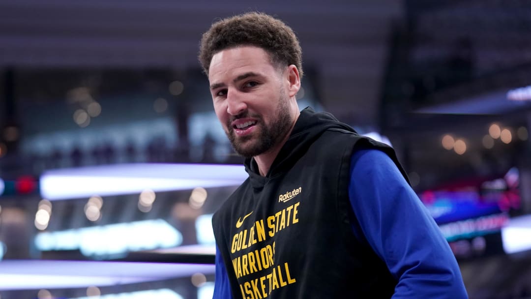 Apr 16, 2024; Sacramento, California, USA; Golden State Warriors guard Klay Thompson (11) warms up before a play-in game against the Sacramento Kings in the 2024 NBA playoffs at the Golden 1 Center. Mandatory Credit: Cary Edmondson-USA TODAY Sports