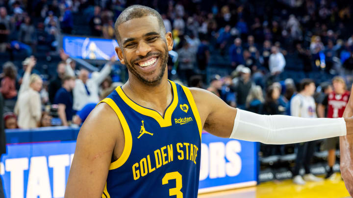 Warriors guard Chris Paul celebrates after a win over the Utah Jazz at Chase Center. 