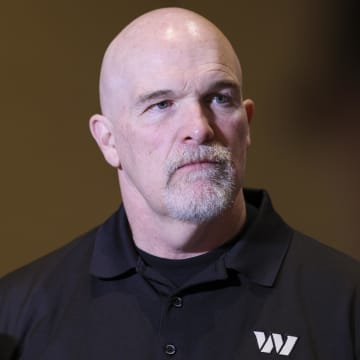 Mar 26, 2024; Orlando, FL, USA;   Washington Commanders  head coach Dan Quinn speaks to the media during the NFL annual league meetings at the JW Marriott. Mandatory Credit: Nathan Ray Seebeck-USA TODAY Sports