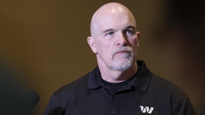 Mar 26, 2024; Orlando, FL, USA;   Washington Commanders  head coach Dan Quinn speaks to the media during the NFL annual league meetings at the JW Marriott. Mandatory Credit: Nathan Ray Seebeck-USA TODAY Sports