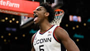 Nov 15, 2025; Boston, Massachusetts, USA; UConn Huskies forward Tarris Reed Jr. (5) reacts to a foul during the first half by the BYU Cougars at TD Garden. Mandatory Credit: Eric Canha-Imagn Images