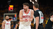 May 2, 2025; San Francisco, California, USA; Houston Rockets center Alperen Sengun (28) reacts after being called for a foul against the Golden State Warriors in the third quarter of game six of the first round for the 2025 NBA Playoffs at Chase Center. Mandatory Credit: Cary Edmondson-Imagn Images