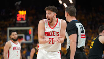 May 2, 2025; San Francisco, California, USA; Houston Rockets center Alperen Sengun (28) reacts after being called for a foul against the Golden State Warriors in the third quarter of game six of the first round for the 2025 NBA Playoffs at Chase Center. Mandatory Credit: Cary Edmondson-Imagn Images