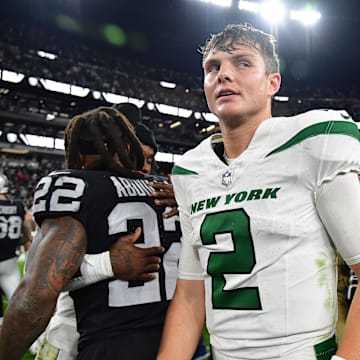 Nov 12, 2023; Paradise, Nevada, USA; New York Jets quarterback Zach Wilson (2) reacts following the loss against the Las Vegas Raiders at Allegiant Stadium. Mandatory Credit: Gary A. Vasquez-Imagn Images
