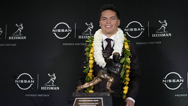 Dec 14, 2024; New York, NY, USA; Oregon Ducks quarterback Dillon Gabriel poses for a photo during a press conference before t