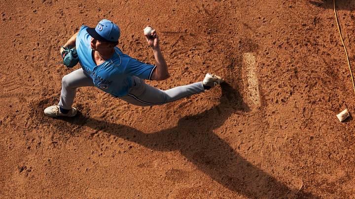 Johnny King, a pitcher for the Dunedin Blue Jays warms up in the bullpen before a game against the Fort Myers Mighty Mussels at Hammond Stadium on Saturday, Aug. 2, 2025. King is a Naples High School alum and two time baseball player of the year.