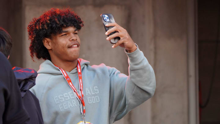 Galveston Ball 5-star safety Jonah Williams watches Ohio State warm up before playing Penn State Oct. 21, 2023.