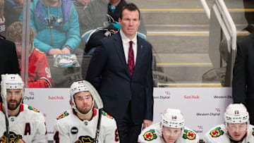Mar 23, 2024; San Jose, California, USA; Chicago Blackhawks head coach Luke Richardson watches game play against the San Jose Sharks during the third period at SAP Center at San Jose. Mandatory Credit: Robert Edwards-Imagn Images