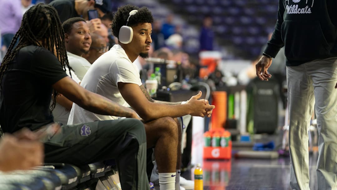 Kansas State Wildcats guard PJ Haggerty (4) sits on the sidelines before tipoff against BYU Cougars inside Bramlage Coliseum on Jan. 3, 2026.
