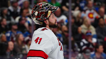 Nov 9, 2024; Denver, Colorado, USA; Carolina Hurricanes goaltender Spencer Martin (41) during the second period against the Colorado Avalanche at Ball Arena. Mandatory Credit: Ron Chenoy-Imagn Images