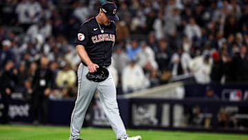 Oct 14, 2024; Bronx, New York, USA; Cleveland Guardians pitcher Alex Cobb (35) walks off the field after being relieved during the third inning against the New York Yankees in game one of the ALCS for the 2024 MLB Playoffs at Yankee Stadium. Mandatory Credit: Wendell Cruz-Imagn Images