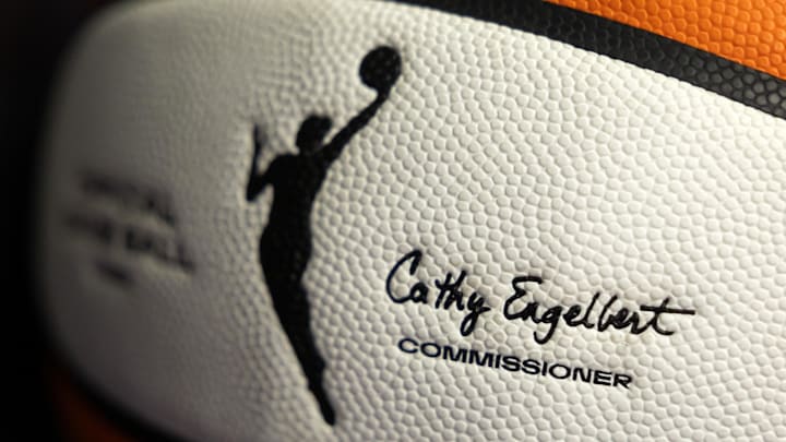 Aug 7, 2025; Phoenix, Arizona, USA; Detailed view of the name of WNBA commissioner Cathy Engelbert on an official WNBA basketball during a WNBA game at PHX Arena. Mandatory Credit: Mark J. Rebilas-Imagn Images
