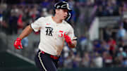 Texas Rangers left fielder Wyatt Langford (36) runs the bases after hitting a solo home run during the sixth inning against the Cleveland Guardians at Globe Life Field. 