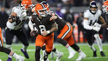 Nov 16, 2025; Cleveland, Ohio, USA; Cleveland Browns quarterback Dillon Gabriel (8) runs in the pocket during the second quarter against the Baltimore Ravens at Huntington Bank Field. Mandatory Credit: Scott Galvin-Imagn Images