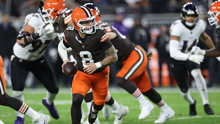 Nov 16, 2025; Cleveland, Ohio, USA; Cleveland Browns quarterback Dillon Gabriel (8) runs in the pocket during the second quarter against the Baltimore Ravens at Huntington Bank Field. Mandatory Credit: Scott Galvin-Imagn Images