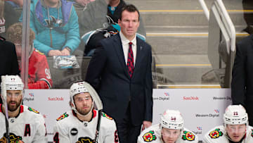 Chicago Blackhawks head coach Luke Richardson watches game play against the San Jose Sharks.