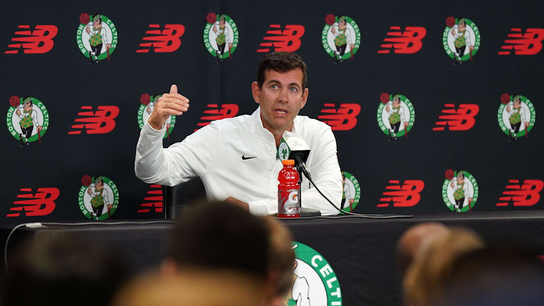 Sep 24, 2024; Boston, MA, USA;  Boston Celtics general manager Brad Stevens talks to reporters during media day at Auerbach Center. Mandatory Credit: David Butler II-Imagn Images