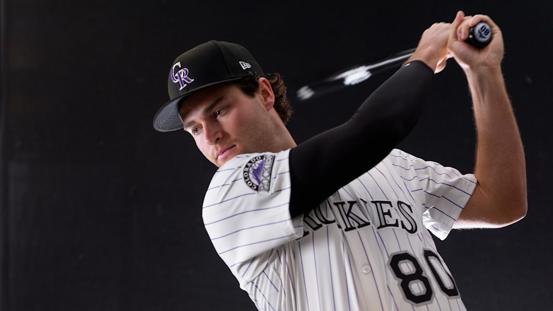 Feb 20, 2025; Scottsdale, AZ, USA;  Colorado Rockies infielder Kyle Karros (80) as shot during MLB Media Day at Salt River Fields. Mandatory Credit: Allan Henry-Imagn Images