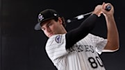Feb 20, 2025; Scottsdale, AZ, USA;  Colorado Rockies infielder Kyle Karros (80) as shot during MLB Media Day at Salt River Fields. Mandatory Credit: Allan Henry-Imagn Images