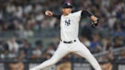 Apr 21, 2023; Bronx, New York, USA; New York Yankees relief pitcher Albert Abreu (84) delivers a pitch during the seventh inning against the Toronto Blue Jays at Yankee Stadium. Mandatory Credit: Vincent Carchietta-Imagn Images