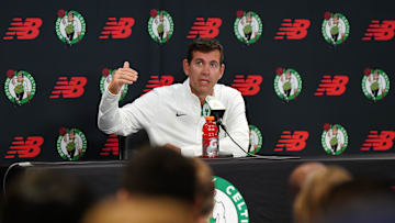 Sep 24, 2024; Boston, MA, USA;  Boston Celtics general manager Brad Stevens talks to reporters during media day at Auerbach Center. Mandatory Credit: David Butler II-Imagn Images
