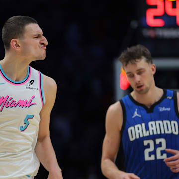 Jan 27, 2025; Miami, Florida, USA; Miami Heat forward Nikola Jovic (5) celebrates after scoring against the Orlando Magic during the fourth quarter at Kaseya Center. Mandatory Credit: Sam Navarro-Imagn Images
