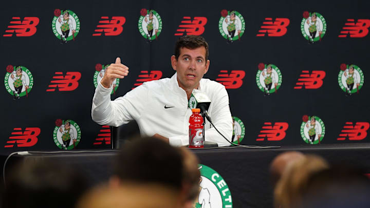 Sep 24, 2024; Boston, MA, USA;  Boston Celtics general manager Brad Stevens talks to reporters during media day at Auerbach Center. Mandatory Credit: David Butler II-Imagn Images