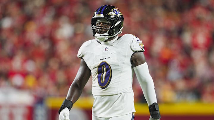 Sep 5, 2024; Kansas City, Missouri, USA; Baltimore Ravens linebacker Roquan Smith (0) during the second half against the Kansas City Chiefs at GEHA Field at Arrowhead Stadium. Mandatory Credit: Jay Biggerstaff-Imagn Images Sep 5, 2024; Kansas City, Missouri, USA; Baltimore Ravens linebacker Roquan Smith (0) during the second half against the Kansas City Chiefs at GEHA Field at Arrowhead Stadium. Mandatory Credit: Jay Biggerstaff-Imagn Images