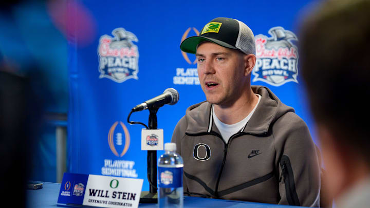 Oregon offensive coordinator Will Stein speaks during a media day as the Oregon Ducks arrive on Jan. 7, 2025, in Atlanta, Georgia ahead of the Peach Bowl at Mercedes-Benz Stadium.