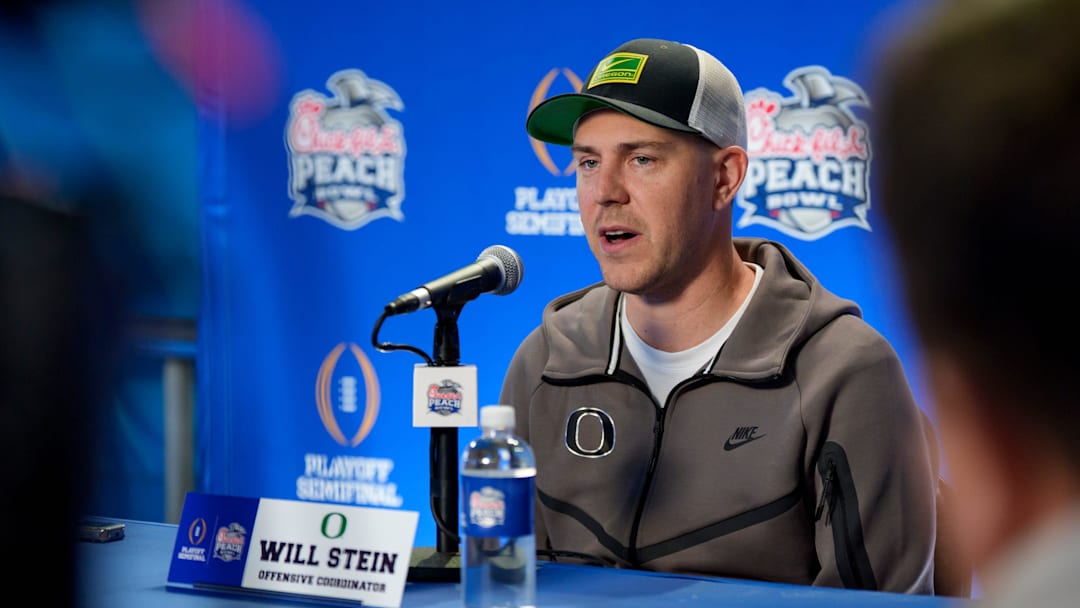 Oregon offensive coordinator Will Stein speaks during a media day as the Oregon Ducks arrive on Jan. 7, 2025, in Atlanta, Georgia ahead of the Peach Bowl at Mercedes-Benz Stadium.