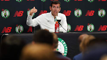 Boston Celtics general manager Brad Stevens talks to reporters during media day at Auerbach Center.