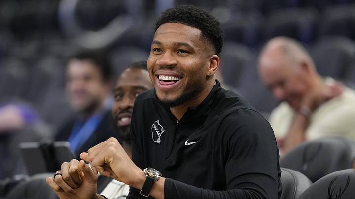 Apr 10, 2026; Milwaukee, Wisconsin, USA;  Milwaukee Bucks forward Giannis Antetokounmpo enjoys a moment during warmups prior to the game against the Brooklyn Nets at Fiserv Forum. Mandatory Credit: Jeff Hanisch-Imagn Images