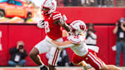 Nov 23, 2024; Lincoln, Nebraska, USA; Nebraska Cornhuskers wide receiver Isaiah Neyor runs after a catch against Wisconsin Badgers linebacker Christian Alliegro.