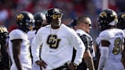 Oct 19, 2024; Tucson, Arizona, USA; Colorado Buffalos head coach Deion Sanders against the Arizona Wildcats at Arizona Stadium. Mandatory Credit: Mark J. Rebilas-Imagn Images
