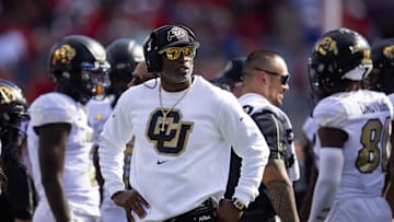 Oct 19, 2024; Tucson, Arizona, USA; Colorado Buffalos head coach Deion Sanders against the Arizona Wildcats at Arizona Stadium. Mandatory Credit: Mark J. Rebilas-Imagn Images