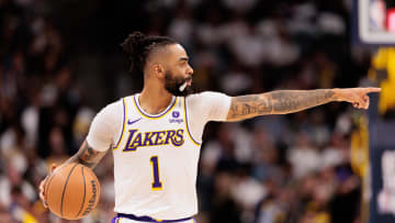 Apr 20, 2024; Denver, Colorado, USA; Los Angeles Lakers guard D'Angelo Russell (1) calls a play during the third quarter against the Denver Nuggets in game one of the first round for the 2024 NBA playoffs at Ball Arena. Mandatory Credit: Andrew Wevers-USA TODAY Sports