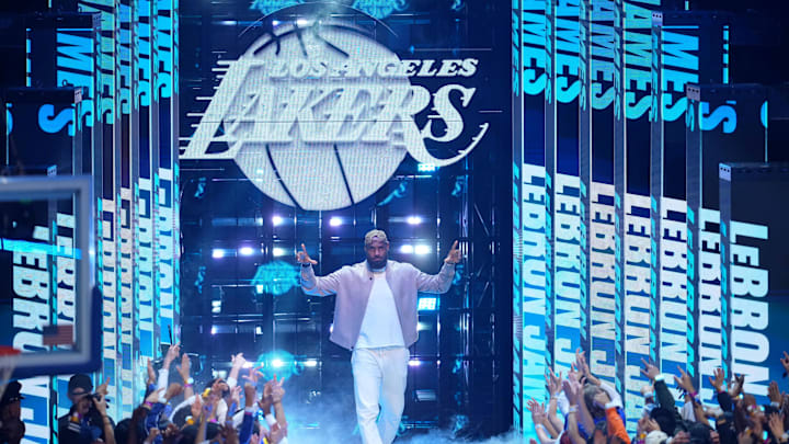 Feb 16, 2025; San Francisco, CA, USA; Shaqís OGs forward LeBron James (23) of the Los Angeles Lakers during introductions before the 2025 NBA All Star Game at Chase Center. Mandatory Credit: Cary Edmondson-Imagn Images