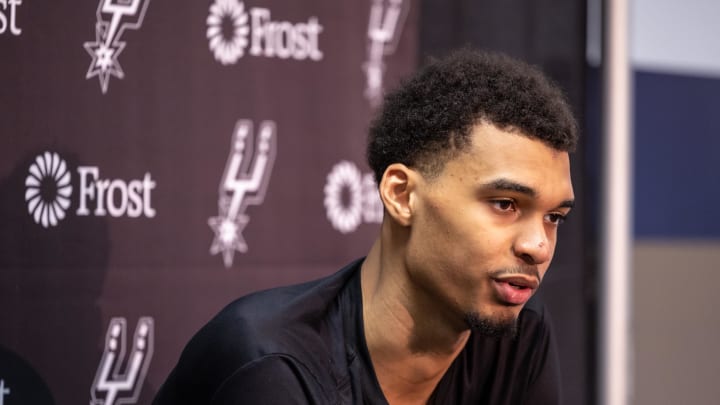 Apr 5, 2024; New Orleans, Louisiana, USA; San Antonio Spurs center Victor Wembanyama (1) talks with the media after the game against the New Orleans Pelicans at Smoothie King Center. Mandatory Credit: Stephen Lew-USA TODAY Sports